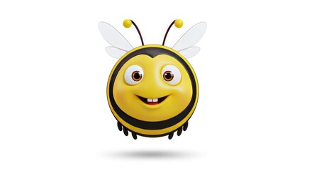 Obraz premium Cartoon bee with a smiling face, small wings, and black stripes on a white background.