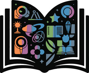 Open Book with Colorful Icons Representing Science, Education, and Discovery