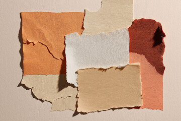 Torn paper collage mockup for poster or flyer, apricot crush and warm beige tones, textured paper details