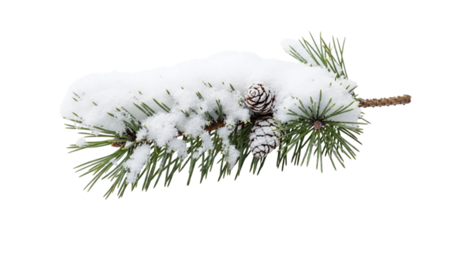Snowcovered pine branch with a cone, isolated on transparent background a serene winter scene showcasing the beauty of nature in a minimalist composition