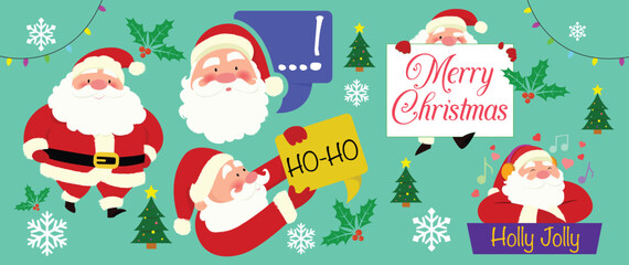 Cute Santa Claus Character Icon Set with Various Poses, Vector Illustration