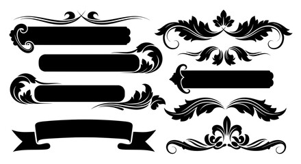A set of classic black vector elements including ornate banners, a decorative ribbon, and vintage floral dividers isolated on a white background for design.