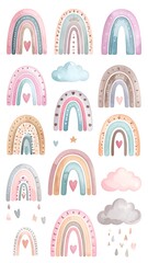 Set of Cute Watercolor Pastel Rainbow and Cloud Illustrations