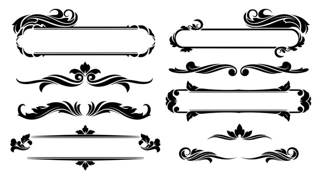 A set of black vector decorative elements including classic borders, ornate text frames, and elegant calligraphic dividers isolated on a white background.