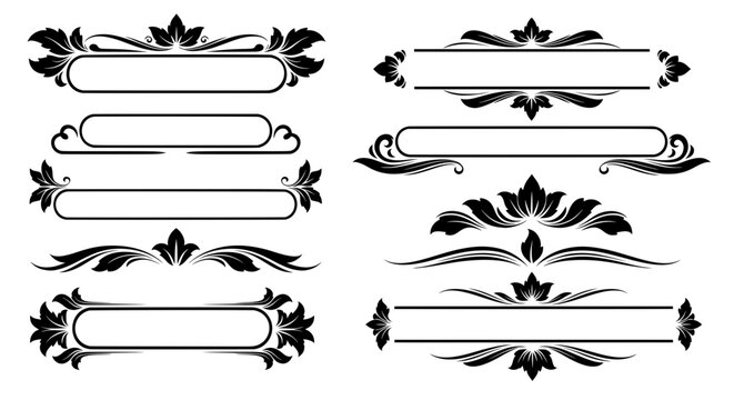 A set of elegant black floral frames, borders, and decorative dividers with swirls. Vector graphics isolated on white, ideal for classic design layouts.