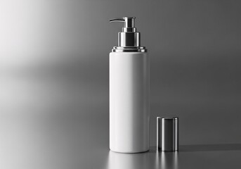 Obraz premium Blank white cosmetic bottle with a silver pump dispenser mockup for skincare product presentation