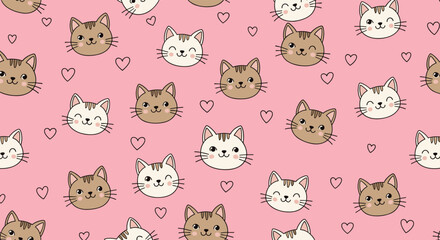 Obraz premium Adorable seamless pattern of happy cartoon cat faces and small hearts on a soft pink background, ideal for kids' products or cute decor.