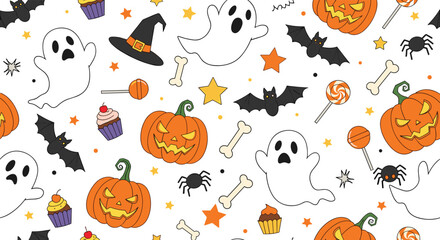 Fototapeta premium A playful and spooky seamless Halloween pattern with cartoon ghosts, pumpkins, bats, witch hats, and candies on a white background.