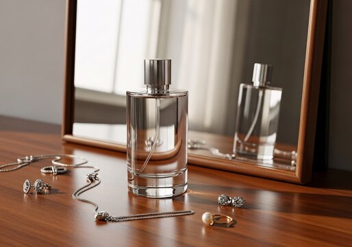 Elegant fragrance bottle with stylish accessories and jewelry on a wooden dressing table