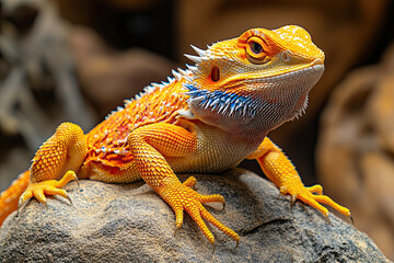 Fototapeta premium A vibrant bearded dragon perched on a rock, showcasing its colorful scales and distinct features in a naturalistic setting.