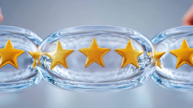 Service Quality Excellence: Three shining golden stars resting within three crystal bubbles symbolize unwavering service quality. The hands gently cradling the stars accentuate the care.