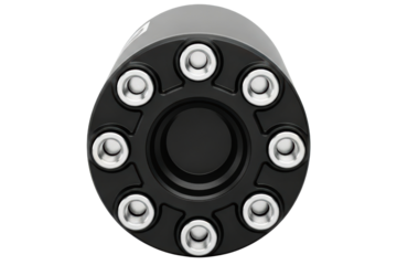 Black industrial pneumatic manifold with eight metal fittings on a transparent background