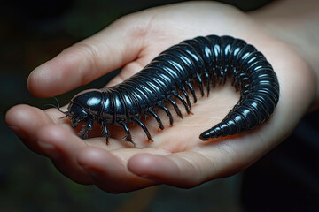 Obraz premium A person holds a large, glossy black Giant African Millipede in their hand, showcasing its segmented body and many legs.