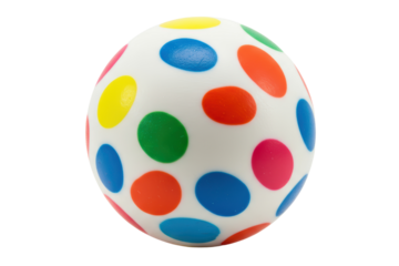 White toy ball with colorful multicolored polka dot pattern on a transparent background