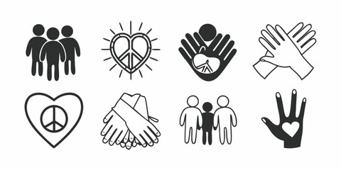 Fototapeta premium Illustration showing symbols of peace, unity, love, and support with hands and figures in black and white
