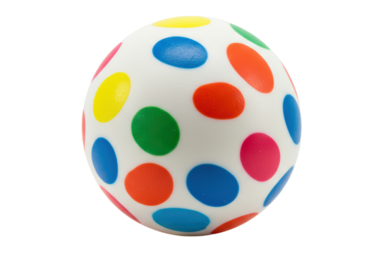 White toy ball with colorful multicolored polka dot pattern on a transparent background