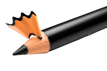 Sharpened black cosmetic eye pencil with a wood shaving on a transparent background