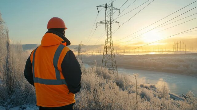 Worker in bright safety gear admires sunrise by power lines on a cold winter morning