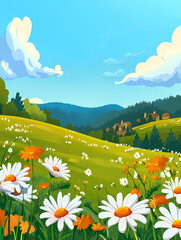 Fototapeta premium Beautiful Spring Meadow Landscape with Flowers