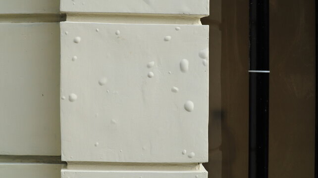 The white paint on the fence wall is bubbling due to the heat of the sun.