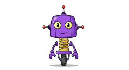 Obraz premium Cartoon Robot with Spring Neck and Wheel, Isolated on White Background