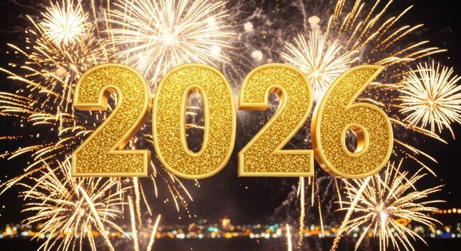 Bright golden 2026 numerals celebrate new year's eve amidst spectacular fireworks display