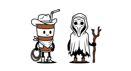 Humorous illustration: Coffee cup cowboy with plague doctor character juxtaposition