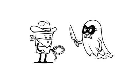 Cartoon showdown: Coffee cup cowboy versus menacing ghost bandit in a black and white standoff