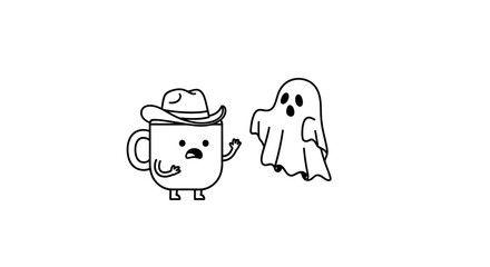 Whimsical encounter of a cowboy mug facing a startled spectral being illustration