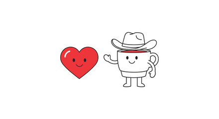 Cheerful Illustration of a Heart and Cowboy Coffee Cup Characters on White Backdrop