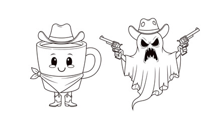 Cartoon showdown: A smiling coffee cup versus a menacing ghost in a western motif illustration