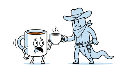 Cartoon illustration of coffee cup being offered coffee by cowboy ghost character