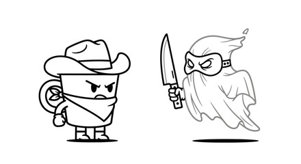 Cartoon standoff illustration featuring an angry cowboy coffee cup versus a menacing robber ghost