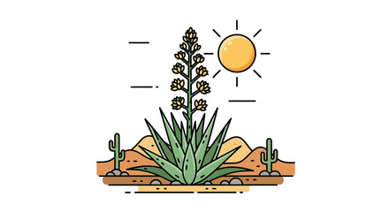 Minimalist desert vista featuring a flowering agave plant under a bright sun design
