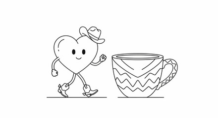 Heart cowboy's whimsical walk toward a patterned cup, a line art illustration for creative