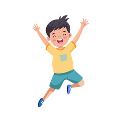 Joyful Leap: A young, animated boy leaps into the air with unrestrained joy, arms raised in a gesture of excitement and freedom
