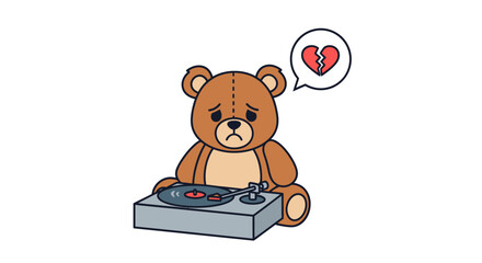 Lonely teddy bear playing mournful melodies on a vintage record player lamenting heartbreak