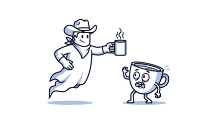 Cartoon illustration of a cowboy ghost offering a cup of hot coffee to a frightened coffee cup