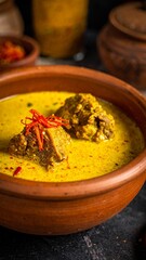 Top-down view of Gulai (yellow curry) dish, highlighting the spices and creamy coconut base.
