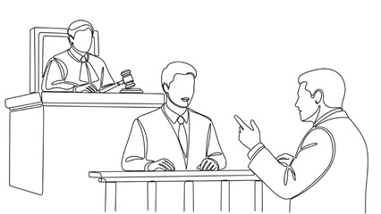 High-Quality Black Continuous Line Art of Witness Standing While Lawyer Questions, Judge Outlined in Courtroom Scene