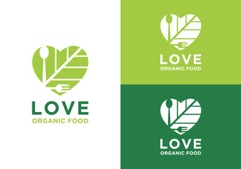 Organic food love vector logo design template. Organic vegetarian logo, healthy diet food logo, green food love vector logo design