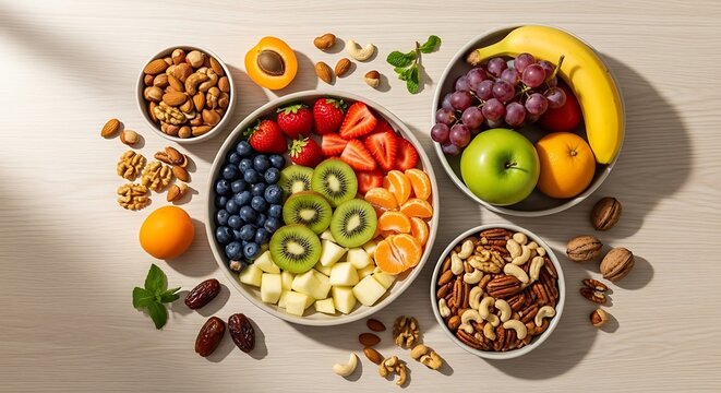 Healthy assortment of fresh colorful fruits and mixed nuts in bowls top view. - Powered by Adobe