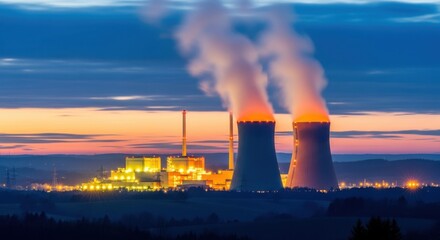 Industrial power plant cooling towers steam emitting at dusk sky