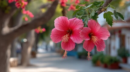 Vibrant Pink Hibiscus Flowers Bloom in Soft Sunlight on a Tree Branch with Blurred Urban Street Background