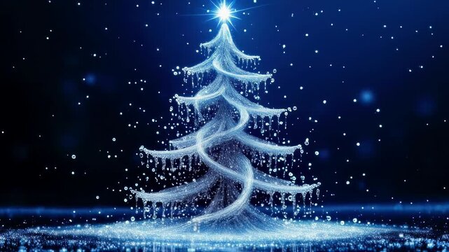 Magical glowing blue ice Christmas tree, festive holiday decoration in serene winter snow scene at night