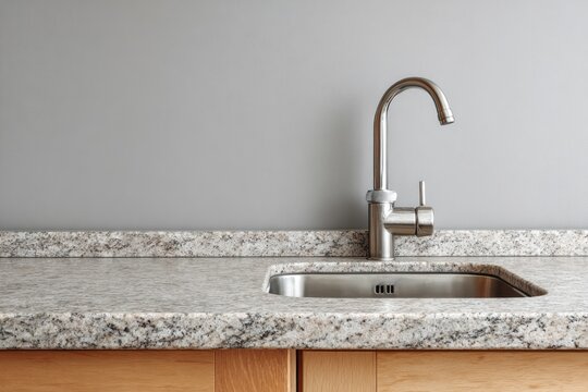 Modern kitchen sink with a granite countertop and chrome faucet.