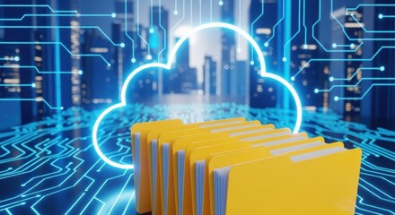 Fototapeta premium Abstract digital cloud city network with glowing circuitry and yellow object