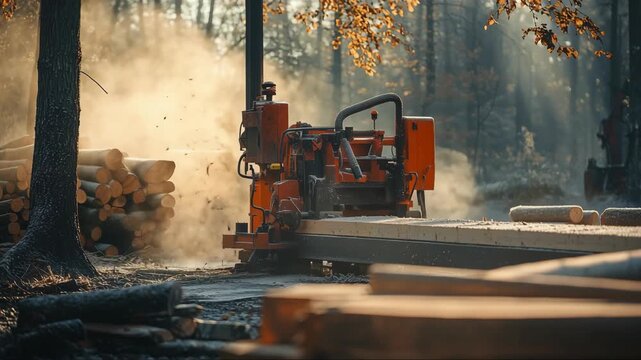 Logging activities take place in a sunny forest with a lumber mill processing logs during autumn
