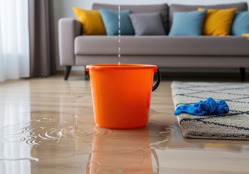 Orange bucket collects water on wooden floor near sofa and rug