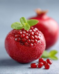 Macro Close Up Of A Ripe Red Pomegranate With Seeds And Mint Leaves On A Gray Surface With Soft Lighting